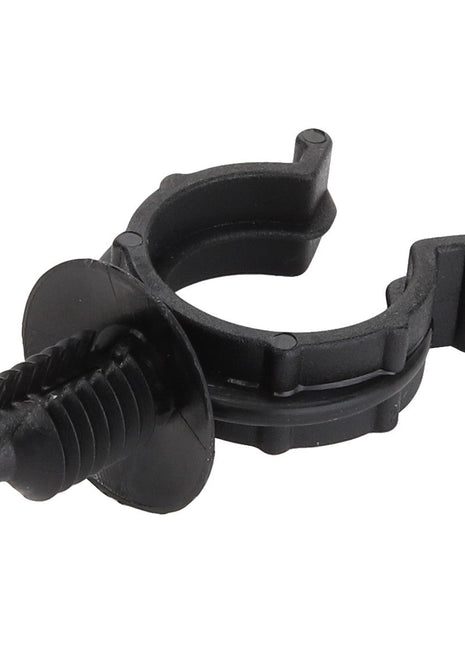 The AGCO Clip - Acw2023760 is a black plastic cable clamp featuring a circular opening and a screw-like attachment for secure fitting.