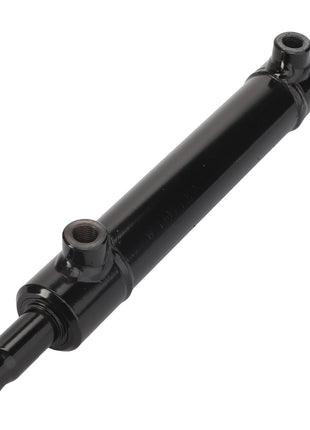 The AGCO | RAM - AL702010 is a robust black hydraulic cylinder with two mounting points, expertly designed by AGCO for transforming hydraulic fluid power into mechanical force.