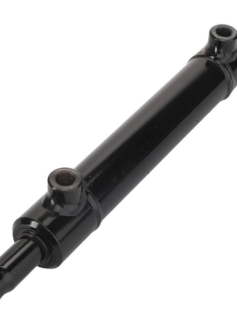 The AGCO | RAM - AL702010 is a robust black hydraulic cylinder with two mounting points, expertly designed by AGCO for transforming hydraulic fluid power into mechanical force.