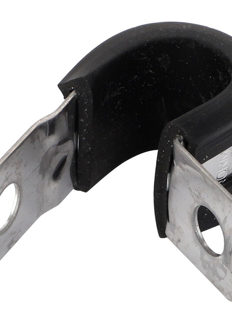 The AGCO PIPE CLAMP - F743200710120 is a metal clamp featuring a black rubber lining and two flat, perforated extensions. This clamp is designed in an open, semi-circular shape.