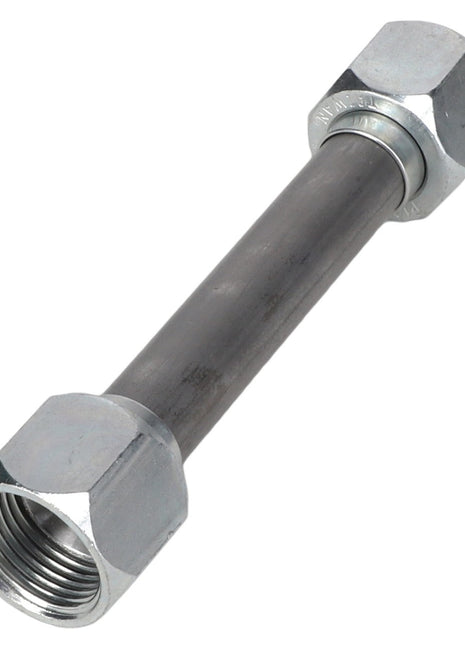 The AGCO | HYDRAULIC TUBE - AG059371 by AGCO is a durable metal pipe that features threaded hexagonal nuts on both ends, making it perfect for various industrial applications.