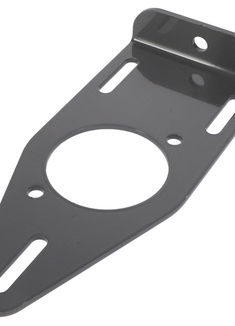 The AGCO | Pump Support Plate - Acx2757760 by AGCO features a metal mounting bracket with three elongated slots, one circular hole, and a smaller round hole.