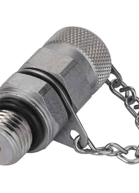 Close-up of the AGCO QUICKLINE CONNECTOR - V30068700, an industrial metal fitting with a threaded male end and a hexagonal body. It is attached to a chain and has a cap on the opposite end. No current information about its specific application is provided.