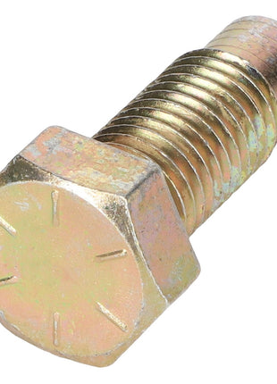 A close-up view of the AGCO HEXAGONAL HEAD BOLT - AG524111, featuring a partially threaded shaft and a metallic finish, lying horizontally on a white surface. No current product description information is available for this specific bolt.