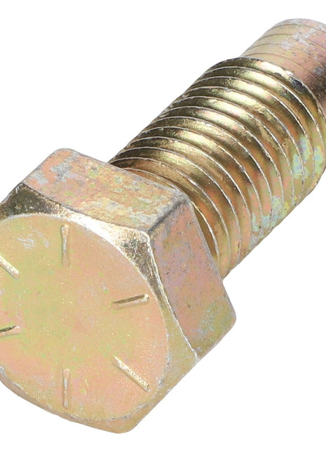 A close-up view of the AGCO HEXAGONAL HEAD BOLT - AG524111, featuring a partially threaded shaft and a metallic finish, lying horizontally on a white surface. No current product description information is available for this specific bolt.