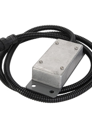 A rectangular metal box labeled as AGCO BUZZER - D28080089 with a black coiled cable attached and a connector at the end. No current product information available.