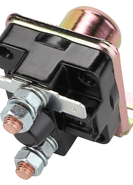 A close-up of the AGCO | Solenoid, Engine - D44900496 reveals its black plastic housing with metal components and connectors, showcasing AGCO's commitment to machinery reliability.