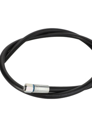 The AGCO POWER STEERING HOSE - ACY1567560 by AGCO is a coiled black hydraulic hose equipped with metal fittings on both ends, designed primarily for connecting hydraulic systems. No further product description information is available.