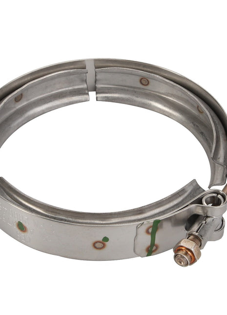 AGCO | CLIP - ACP0533850 is a metal v-band clamp featuring a bolt and nut mechanism designed for securing pipes or tubing.