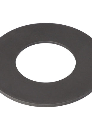 A photo of the AGCO | BRAKE SPRING - AG726345, a flat, circular metallic washer with a large central hole, set against a pristine white background.