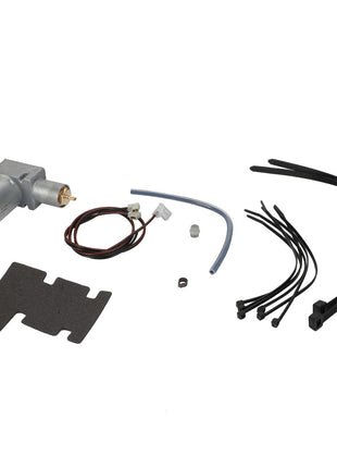 No current product description available for the AGCO | Compressor - F334500030040, an assortment of automotive components, including a small motor, wiring, foam pad, zip ties, and tubes arranged on a white background.