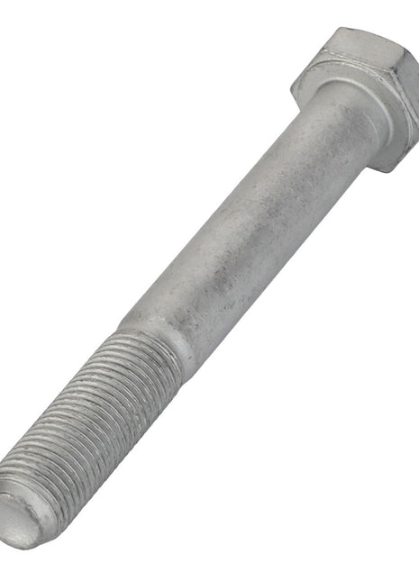 Close-up of an AGCO | Hexagonal Head Bolt - Acp0704220, featuring a shiny metallic finish and visible threading on half its length, often used in construction or mechanical applications for secure fastening.