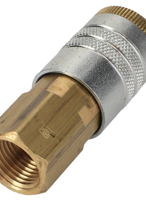 Close-up of the AGCO Nipple Fitting - Acw0718750, featuring a metal and brass hose connector with a knurled grip section and threaded ends. No current product description information is available.