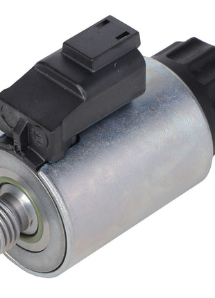Close-up of the AGCO Magnet - F650103590040 cylindrical solenoid valve, featuring a metallic body, black plastic connector on top, and a threaded output.