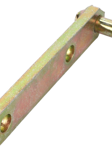 No current product description information is available for the AGCO | ARM - D28980796, but here's a close-up of a metal bracket with two holes and a pin at one end.