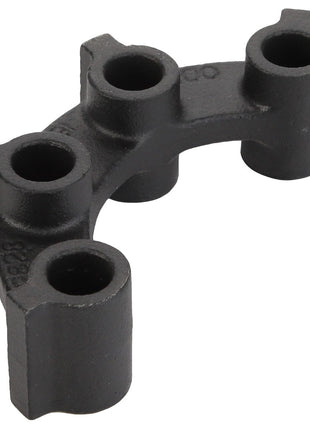 The AGCO | SPACER - D28285491 by AGCO is a black metal, four-holed, semi-circular mounting bracket that boasts a sturdy and industrial design, offering unmatched durability and reliability.