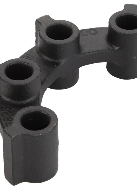 The AGCO | SPACER - D28285491 by AGCO is a black metal, four-holed, semi-circular mounting bracket that boasts a sturdy and industrial design, offering unmatched durability and reliability.