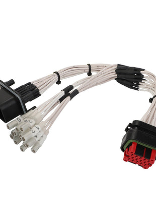 The AGCO | Harness - Act0025560 is a multi-wire harness with labeled white wires connected to black and red plastic connectors on each end.