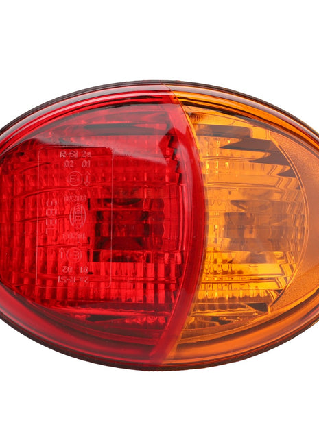 The AGCO | Combination Light, Rear - Acp0419060 by AGCO is an oval-shaped automotive tail light featuring a red lens on the left side and an amber lens on the right side, secured by two screws. Part of the AGCO Genuine Rear Lights range, it is celebrated for its reliability and durability.