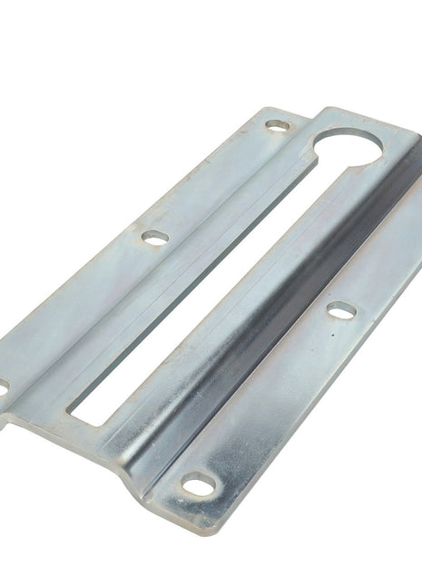 The AGCO Bracket - Acp0284510, manufactured by AGCO, features a metal mounting bracket with both rectangular and circular cutouts and four screw holes, designed for securing or supporting objects. Currently, no other product description is available that matches this unique feature set.