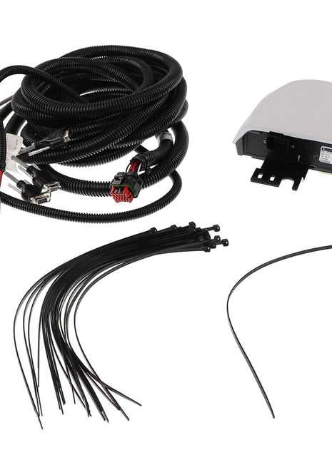 The AGCO | 700S Receiver Kit, Sbas - Acw857594A includes a set of black cords and cables along with a white plastic device housing that features various connectors. It also comes with a bundle of black zip ties. No current product description information is available.