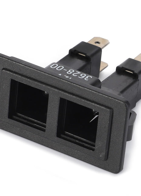 A black rectangular electrical connector with two slots and three metal prongs from AGCO, specifically the Control Light, Instrument Panel - D45060014.