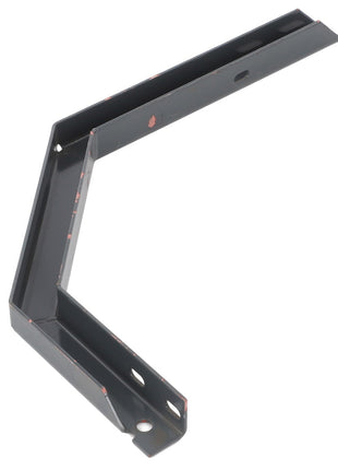 The AGCO | BRACKET - D28180799 from AGCO is a sleek, black angled metal bracket with multiple holes along its sides for versatile mounting options.