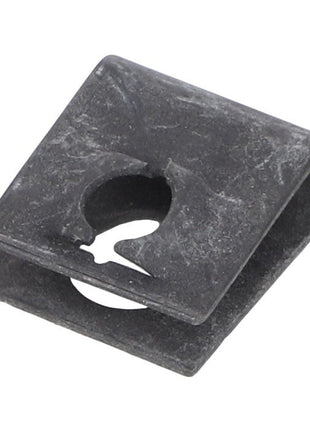 AGCO | U-Nut - Acp0150400: A black metal clip with a square shape and a circular cutout in the center. No current product description available.