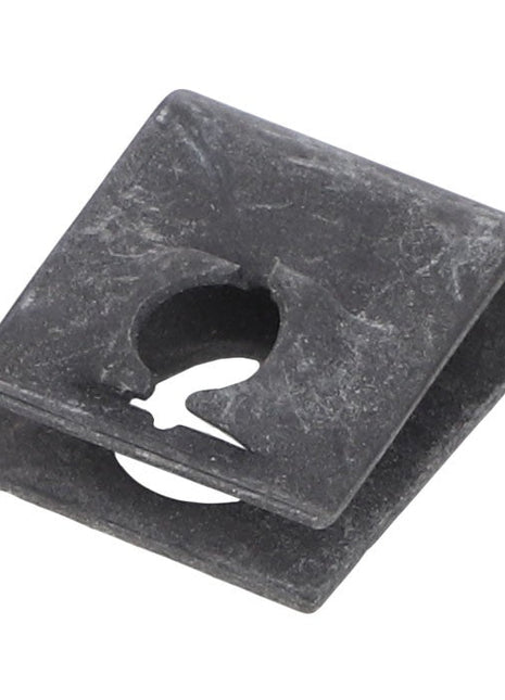 AGCO | U-Nut - Acp0150400: A black metal clip with a square shape and a circular cutout in the center. No current product description available.