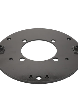 The AGCO Side Wall - Acx2327140 is a circular metallic component featuring multiple holes and two protruding nuts on opposite sides. It has a hollow center and is displayed against a plain white background.