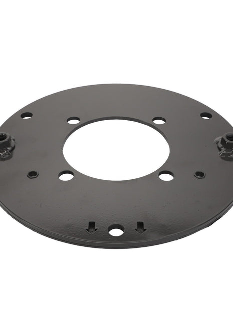 The AGCO Side Wall - Acx2327140 is a circular metallic component featuring multiple holes and two protruding nuts on opposite sides. It has a hollow center and is displayed against a plain white background.