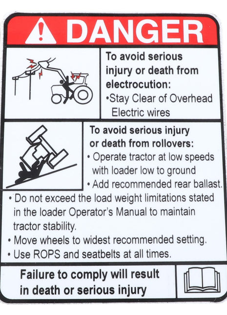 Ensure safety by heeding the AGCO's DECAL - AL11136098 warning sign. It highlights dangers of electrocution and rollovers, urging you to avoid overhead electric wires, utilize rollover protection and seatbelts, and meticulously follow the operator manual instructions. No current product description information is available.