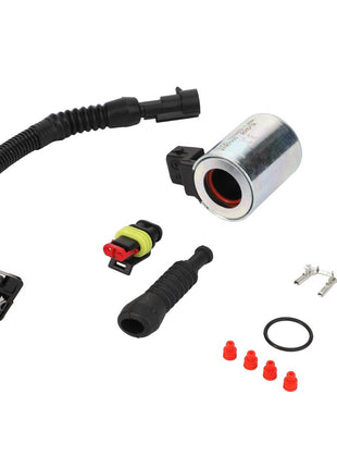 Various automotive electrical components including wires, connectors, seals, and the AGCO | Kit, Coil - Acp0483070 metal cylindrical component arranged on a white background. No current product description available.