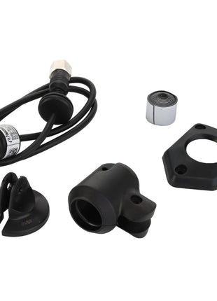 Components of the AGCO | CAMERA - ACP0533580 motorcycle sensor kit, including a wired sensor, mounting brackets, and cylindrical parts, are arranged on a white background. There is no current product description information available for this detailed assembly.