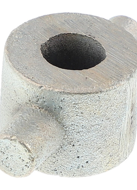 The AGCO Trunnion (Acp0028230) is a cylindrical metal component featuring a central hole and two smaller protruding cylinders on the side, likely serving as a mechanical connector or part.