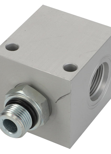 The AGCO Hydraulic Block - Acw3145420 by AGCO is a robust metal cubic component that features a threaded port on one face, an additional connector on an adjacent side, and two precise cylindrical holes on the top surface.