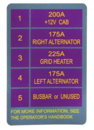 A label from AGCO Decal - Acw036003A displays five fuse specifications: 200A +12V Cab, 175A Right Alternator, 225A Grid Heater, 175A Left Alternator, and Busbar or Unused. Text at the bottom advises to refer to the operator's handbook for more information. No current product description details are available.