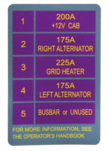 A label from AGCO Decal - Acw036003A displays five fuse specifications: 200A +12V Cab, 175A Right Alternator, 225A Grid Heater, 175A Left Alternator, and Busbar or Unused. Text at the bottom advises to refer to the operator's handbook for more information. No current product description details are available.