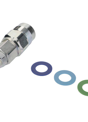 No current product description information is available for the AGCO Female Quick Coupler - Acw0551510, which comes with three color-coded washers (blue, light blue, and green) arranged beside it.