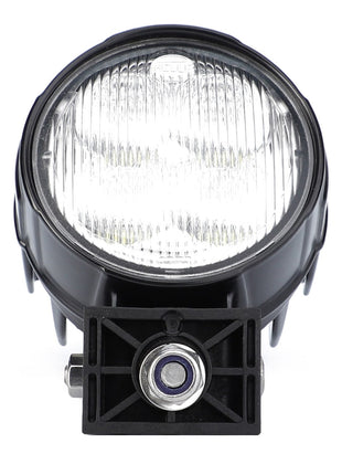 The AGCO | Work Light, Led - Acw224312A by AGCO is a round black automotive fog light with a clear lens and horizontal ridges, mounted on a rectangular base, designed to enhance visibility.