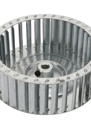 This product description information concerns the AGCO | BLOWER WHEEL - AG332162, a metallic centrifugal fan impeller with evenly spaced blades and a central hub.