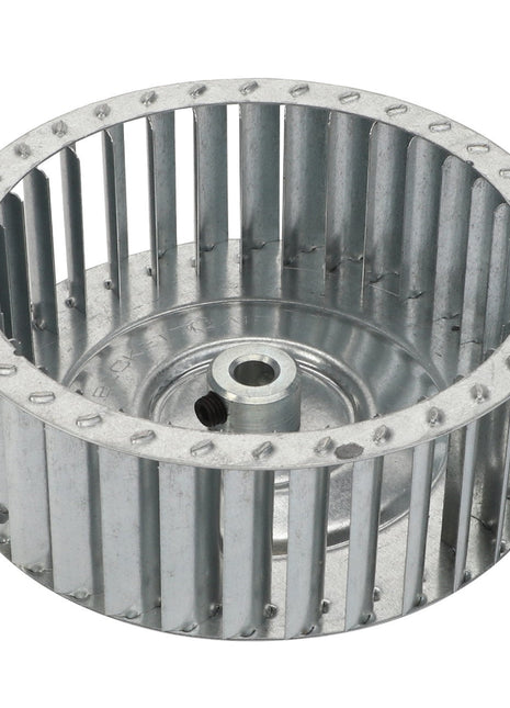 This product description information concerns the AGCO | BLOWER WHEEL - AG332162, a metallic centrifugal fan impeller with evenly spaced blades and a central hub.