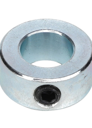 Introducing the AGCO | COLLAR - AG028494, a metal shaft collar featuring a central hole and a side-set screw designed for secure attachment onto a shaft. This product is brought to you by the trusted brand AGCO.