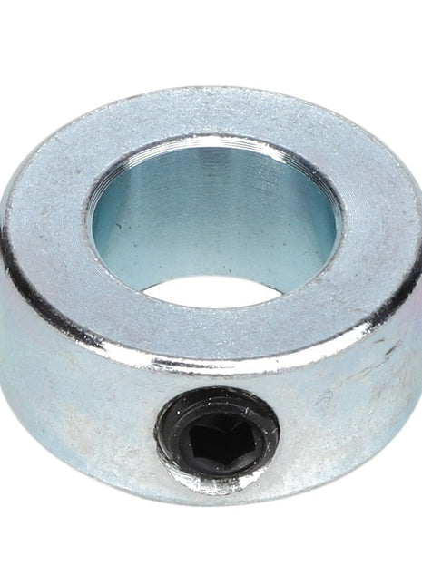 Introducing the AGCO | COLLAR - AG028494, a metal shaft collar featuring a central hole and a side-set screw designed for secure attachment onto a shaft. This product is brought to you by the trusted brand AGCO.