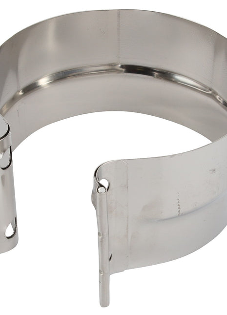 The AGCO Clamp - Acp0000800 is a metal band heater featuring an open latch on the left side, designed specifically for clamping around cylindrical objects.