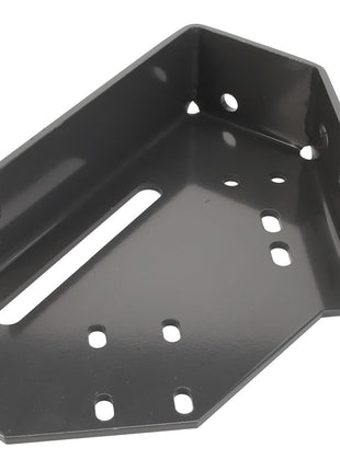 The AGCO | UNION - D28784169 by AGCO is a black metal bracket featuring multiple holes in various shapes and sizes for versatile mounting purposes.