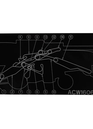 Diagram featuring labeled components of a mechanical system on a black background. Numbers 1-14 designate various parts, and the text "AGCO | Decal, Right Hand - ACW1606980" is positioned at the bottom right. No additional product description is available.