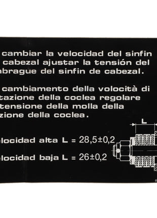 The AGCO | DECAL - D49100195 features a black and white image with instructions in Spanish and Italian for adjusting the tension of a gearbox screw. The diagram includes numerical values for both high and low speeds, along with a detailed technical illustration.