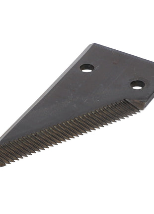 The AGCO Knife Section Half Cutting Header - D44103400 is a triangular metal blade with a serrated edge and two holes for attachment. Crafted from the highest grades of steel to strict engineering specifications, this is an AGCO Parts Genuine knife.