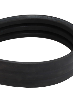 The AGCO Belt - Acw8494660, by AGCO, is a sleek black rubber belt featuring a segmented design, showcased against a pristine white background.